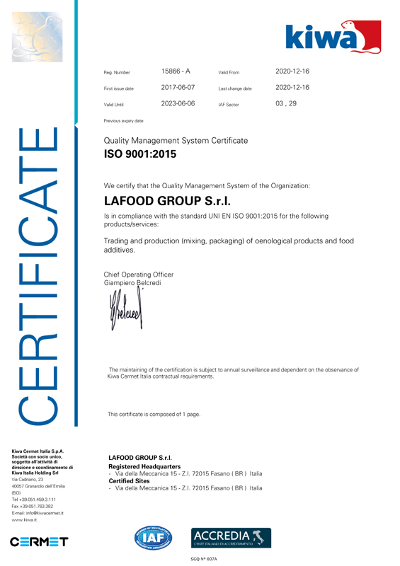 Quality certificates 9001 Lafood Group