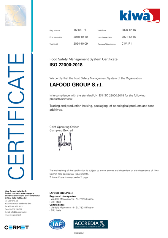 Quality certificates 22000 Lafood Group